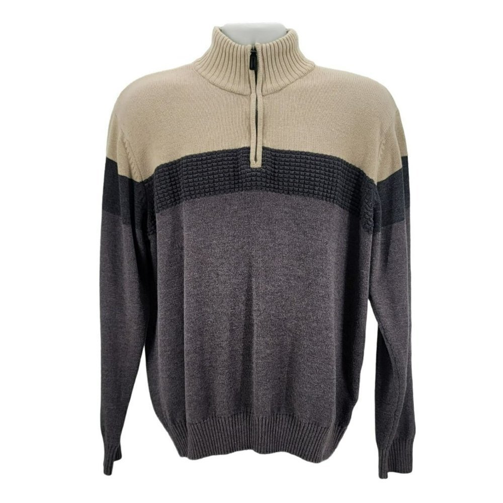 Tricots St Raphael 1/4 Zip Gray Tan Fleece Collar Knit Sweater Mens XL